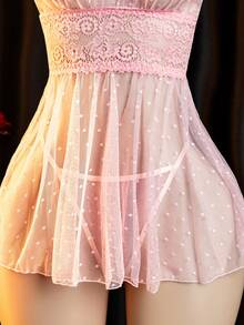 性感粉色透视内衣两件套，含波尔卡圆点网眼娃娃装和丁字裤 - 粉色 - 查看 4