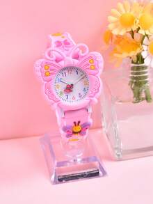 3D立体柔软硅胶表带石英表，带旋转秒针和蝴蝶图案，创意礼物，适合女孩佩戴 - 粉色 - 查看 5