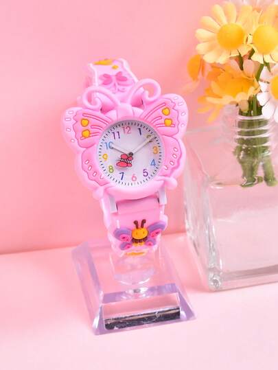 Đồng hồ thạch anh dây đeo silicon mềm 3D có kim giây xoay và họa tiết bướm dành cho bé gái, quà tặng sáng tạo