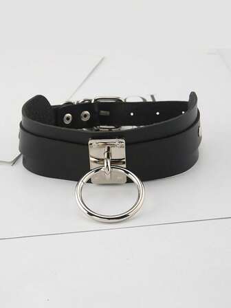 1pc Women's Metal Plate Circle Choker Necklace, PU Leather Punk Exaggerated Personalized Necklace, Street Style Leash Chain Neck Collar