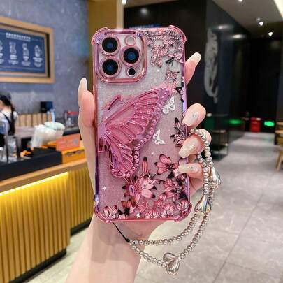 粉色蝴蝶亮片支架手机壳（蝴蝶支架）（银色手链）兼容 Galaxy A123456789987654321 45G 电镀磁吸防摔透明手机壳，防摔手机壳兼容三星 S25/S24/S23/S22 系列/A 系列，兼容 OPPO，兼容 Redmi，兼容 Moto，兼容 Pixel，兼容 vivo，兼容 OPPO，国际版，非国内版，生日礼物派对