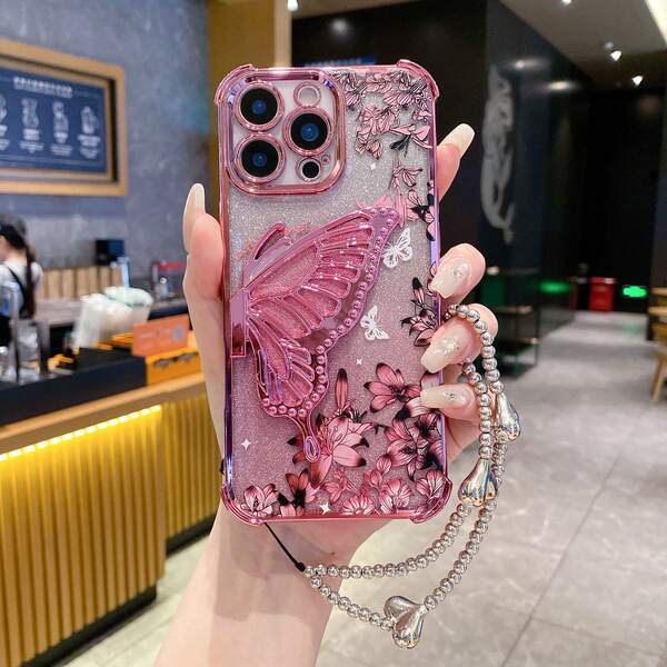 (Butterfly Bracket) (Silver Bracelet) Compatible With Galaxy A123456789987654321 45G Electroplated Magnetic Anti-Fall Transparent Phone Case, Anti-Fall Phone Case Compatible With Samsung S25/S24/S23/S22 Series/A Series, OPPO, Redmi, Moto, Pixel, Compatible With Vivo, Compatible With OPPO