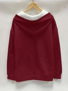 Plus Size Women Solid Color Fleece Zip-Up Jacket, Basic Style, Warm For Autumn/Winter - Burgundy - View 2