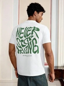 男士圆领针织休闲T恤，带标语印花，夏季，街头风格 - 白色 - 查看 4