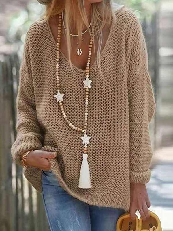 Loose Fit Solid Color V-Neck Oversized Casual Breathable Comfortable Sweater For Women