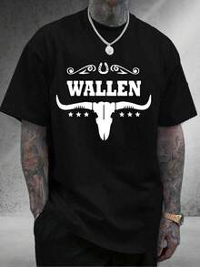Camiseta de hombre 100% algodón con gráfico de toro de cuernos largos, cuello redondo, mangas cortas, cómoda y versátil, camiseta de moda callejera para hombre, adecuada para la vida diaria en casa o actividades al aire libre, divertida camiseta de regalo de verano y otoño. - Negro - Ver 2