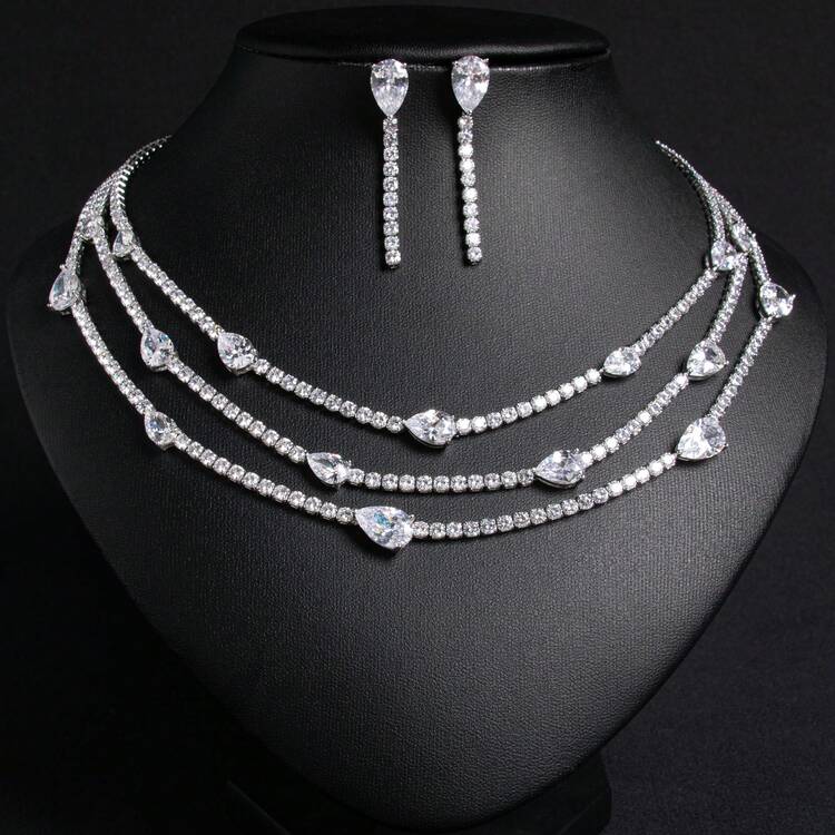 3pcs/Set Silver-Tone/Multi-Color Layered Chain, Cubic Zirconia Embellished Necklace Set, Earrings & Necklace Jewelry Set, Suitable For Women, Festivals, Parties, Banquets, Fashion Jewelry Gift Set - Jewelry Set - View 4