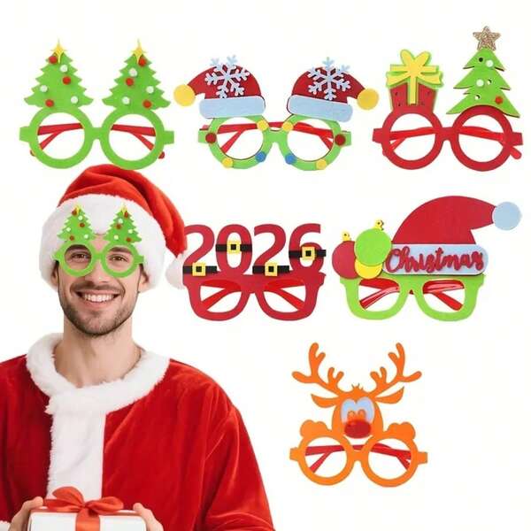6pcs Fluorescent Christmas Party Fashion Glasses, With 2026 Christmas Hat, Reindeer Antlers & Tree Pattern - Photo Props, Suitable For Valentine's Day, Birthday & Holiday Celebrations, Christmas Decorations, Holiday Event Accessories