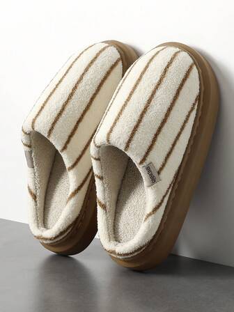 Men's Striped Retro Slip-On Slippers, Indoor/Outdoor Anti-Slip Thick Soft Sole Plush Lined Warm Slippers For Winter
