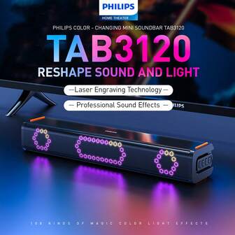 PHILIPS Philips Mini Soundbar Speaker TAB3120,RGB Lighting Effects, Compatible With TV,PC, Laptop, Tablet, Phones,Bluetooth 5.3 Stable Connection, 3.5mm AUX Interface,High Sound Quality,3600mAh Large Battery,Horizontal Vertical Placement, For Gaming, Music, Movies,Gift