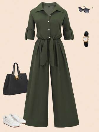 女式秋冬翻领系腰连体裤