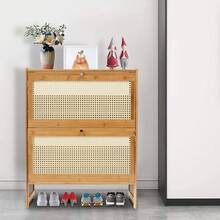 Shoe Cabinet With 2 Handmade Natural Rattan Flip Drawers, Entryway Shoe Rack Storage Organizer For Sneakers, Leather Shoes, Slippers, Free Standing Shoe Racks, 70*24*87cm/27.5*9.4*34.2in - Màu gỗ - Xem 4