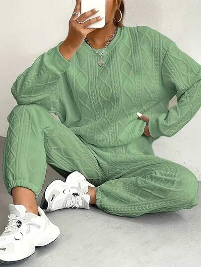 Relaxed Texture Pullover Pants, Long-Sleeved Round-Neck Sportswear And Jogging Pants Combination, Women's Clothing, High-Quality Textured Casual Pullover Set, Releasing A Sense Of Relaxation And Ease