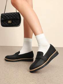 Women Loafers Arch Support Slip-On Round Toe Wedge Heel Loafers Classic Style Comfortable Business Casual Work Daily Shoes - 黑色/PU - 查看 2