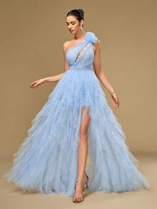 Váy dài bằng vải lưới maxi cổ lệch không tay thanh lịch, có chi tiết viền xếp nếp xẻ tà, thích hợp mặc dự tiệc quyến rũ cho nữ - Màu xanh nhạt - Xem 4