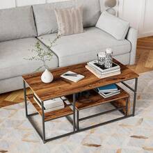 Mesa de centro de dos piezas, mesa auxiliar, aspecto mármol, estructura y estante de metal, mesa de centro, mesa de sala de estar, mesa de sofá, adecuada para sala de estar, dormitorio, madera y negro - Madera y negro - Ver 4