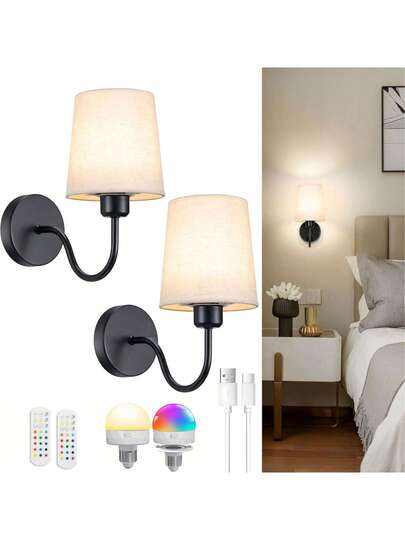 Set Of Two Rechargeable Wand Lights, Battery Operated Lights Adjustable Brightness, Powered Gold/Black Gooseneck, Bedrooms Living Rooms, Wit Linen Lampshade