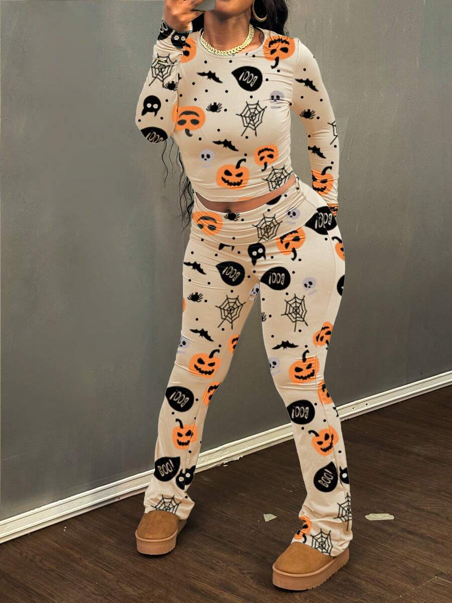 女士休闲圆领长袖T恤和裤子套装，适合春季穿着 - 杏色 - 查看 1