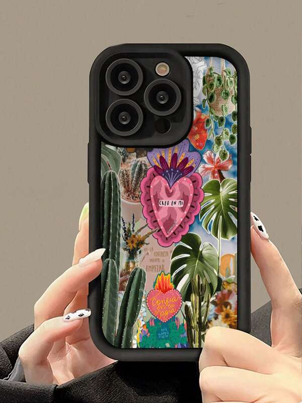 1pc Minimalist Cactus Heart Pattern Perforated Anti-Drop Phone Case Protective Cover Compatible With Samsung/Apple 16/15/14/13/12/11 Pro Max/12 Pro/14 Plus And Other Models