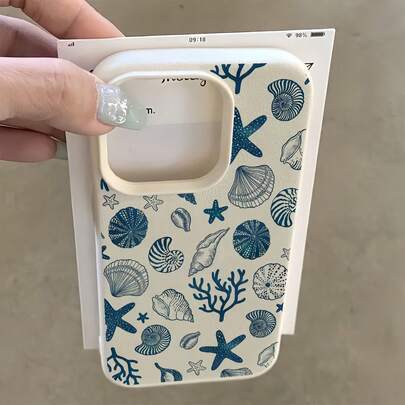 1 Peça Capa de Telefone à Prova de Choque com Cobertura Total, Compatível com iPhone 16 15 14 13 12 11 Pro Max e Séries, Padrão de Concha Branca e Azul, Estrela do Mar e Coral TPU, Versão Internacional, Não a Versão Doméstica