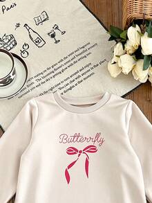 Humor Bear Váy dài tay in chữ và nơ organza thời trang thường ngày cho bé gái, phong cách công chúa, mùa hè - Màu be - Xem 3