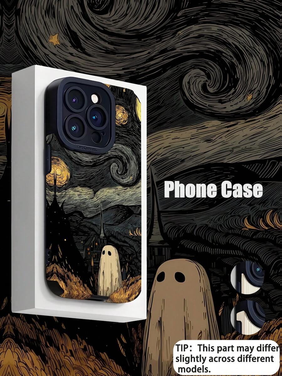 1 pieza Funda de teléfono de alta gama a prueba de caídas y huellas dactilares, con diseño de rayas verticales y estilo fantasma negro vintage de Van Gogh, compatible con Apple y otros modelos