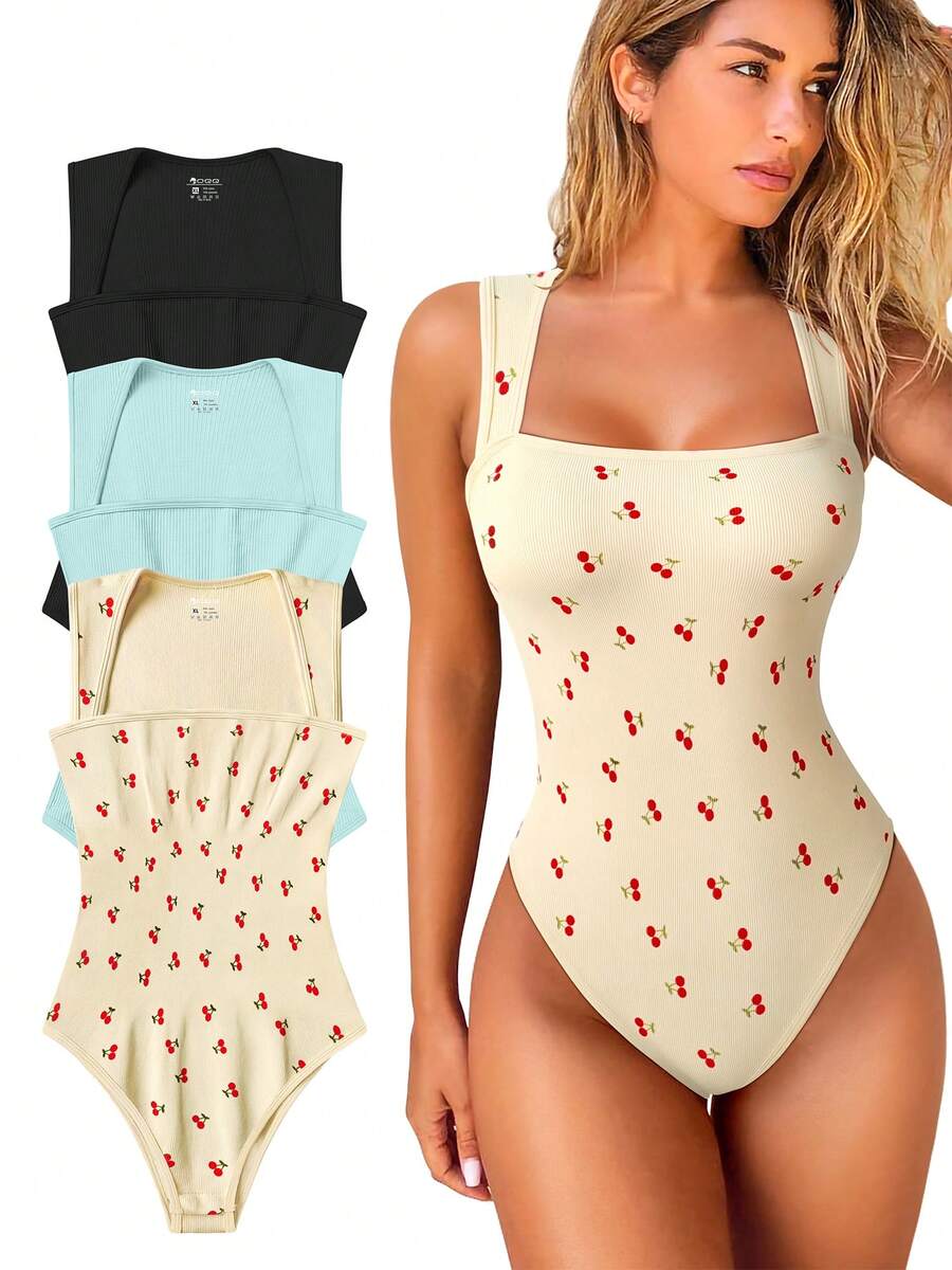 OQQ 3 Piece Bodysuits For Women Sexy Ribbed Strappy Square Neck Stretch Tank Tops Bodysuits - Black,Seasalt blue,Cherry beige - 查看 1