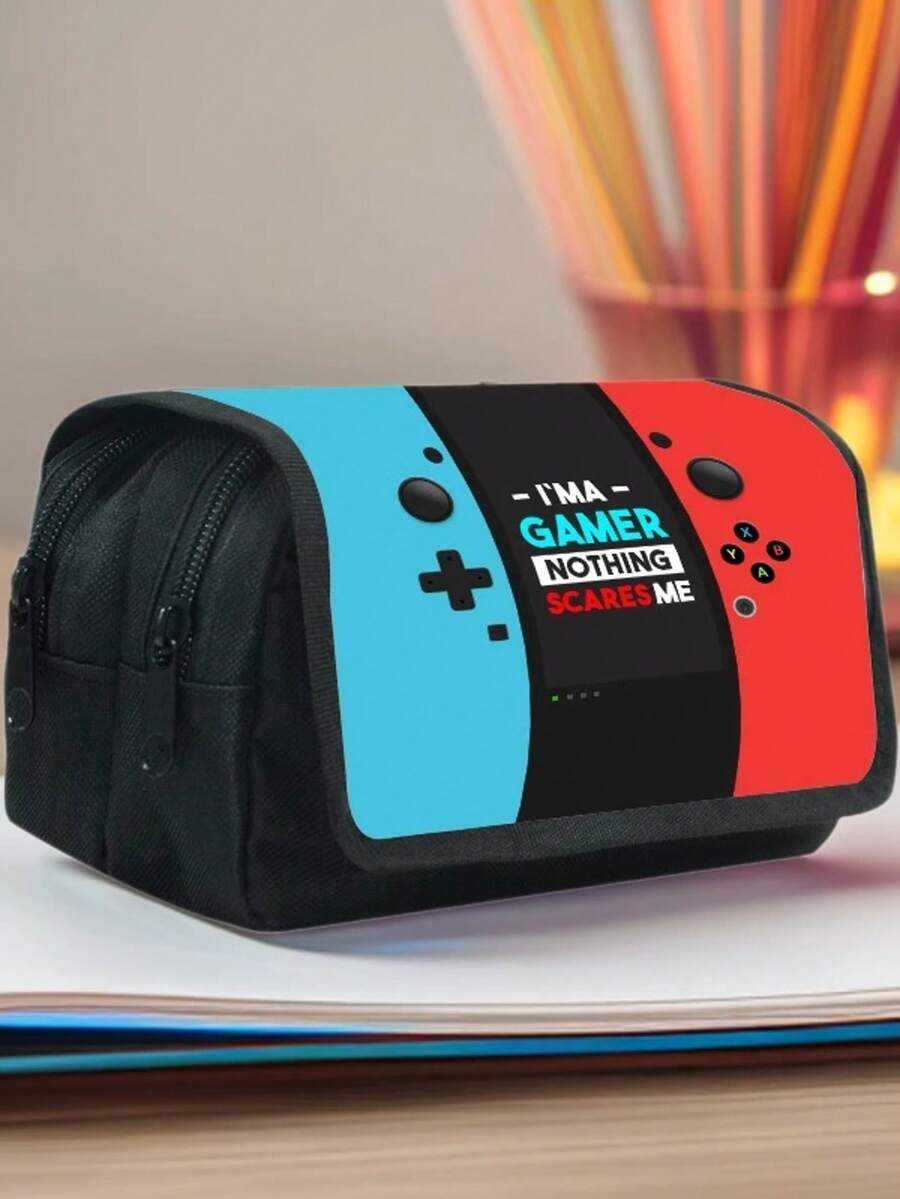1 Pc Game Machine Theme Pencil Bag, Large Capacity Double-Layer Flip Pencil Bag, Double-Layer Zipper Design, Polyester Material, Suitable For Students' School Use, Desktop Stationery Storage,Case - Multicolor - View 1