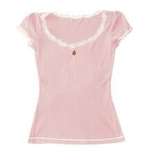 Women Y2K Lace Trim Pointelle Crop Tops Scoop Neck Short Sleeve T Shirts Baby Tee Aesthetic Clothes Going Out - 粉色 - 查看 1