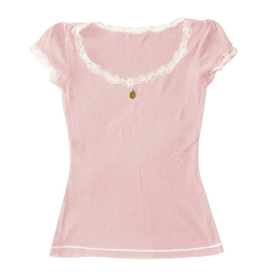 Women Y2K Lace Trim Pointelle Crop Tops Scoop Neck Short Sleeve T Shirts Baby Tee Aesthetic Clothes Going Out - 粉色 - 查看 1