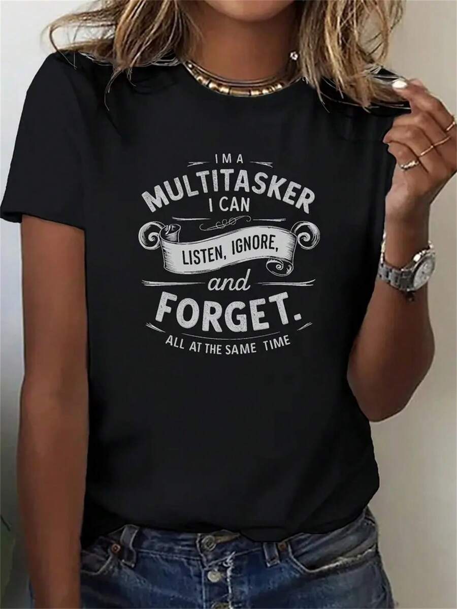 Women's Funny Multitasker Graphic T-Shirt - Lightweight Breathable Everyday Tee - Black Shirt With White Text - Machine Washable Casual Summer Outfit For Women - Perfect Gift For Hardworking Ladies - 黑色 - 查看 1