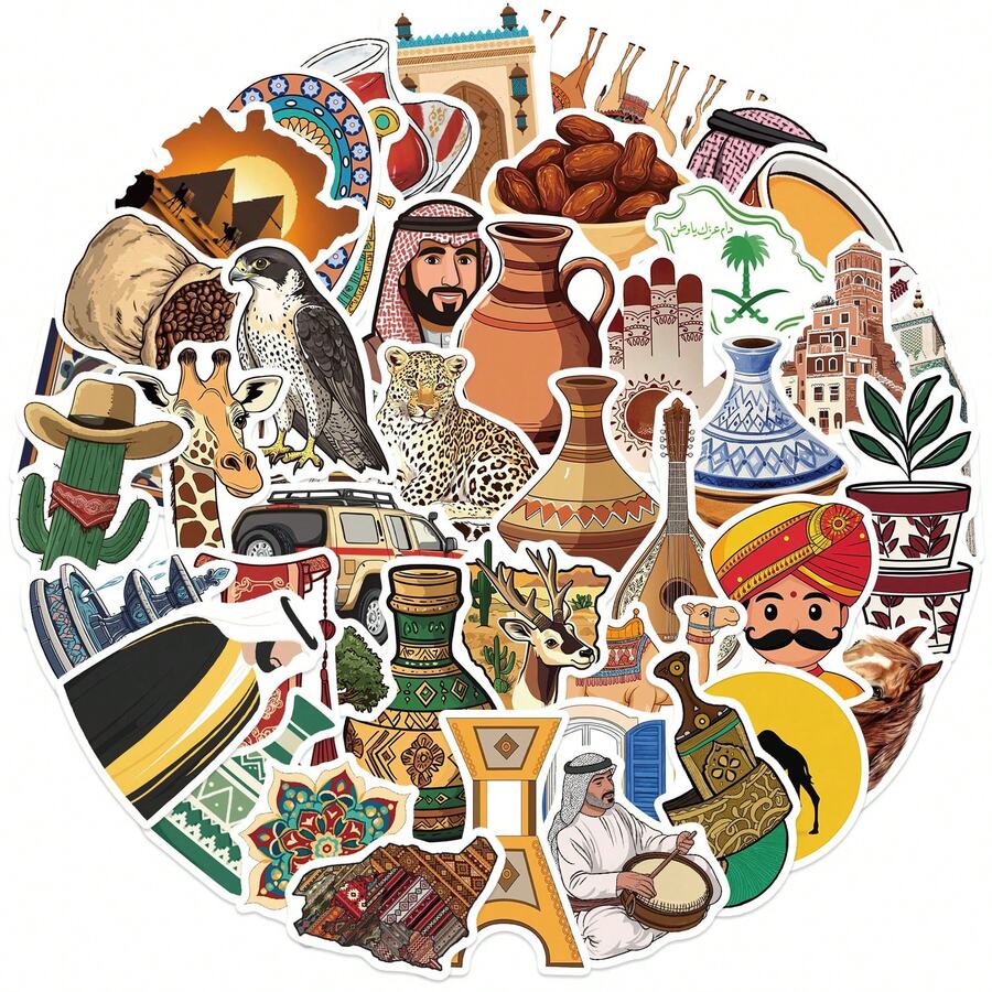 50 件中东艺术风格贴纸美观贴纸高品质贴纸贴花剪贴簿、日记本、笔记本电脑、保险杠、滑板、水瓶、电脑、手机贴纸可以为您的生活带来很多乐趣，是送给成人的完美礼物 - 彩色 - 查看 1