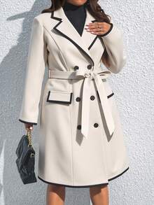 Abrigo midi con bloques de color para mujer talla grande, con diseño de cinturón de color contrastante, chaqueta cruzada, adecuado para uso casual al aire libre y para ir a la oficina, otoño/invierno