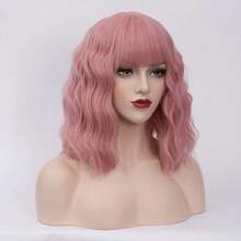 Short Wavy Curly Wig Lovely Pink Bangs Wig Women Cosplay Halloween Wigs Heat Resistant Party Wig (Lovely Pink) - Dark Blue - View 10