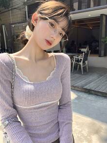 极简略性感紫色修身长袖T恤，秋冬叠穿单品蕾丝拼布甜美修身上衣，初秋可单穿 - 紫色 - 查看 2