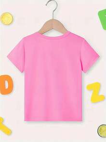Adorable Pink Monogram Alphabet Girls' T-Shirt With Easter Bunny & Cool Egg Design - Soft Cotton, Short Sleeve, Round Neck - Perfect For Birthday & Party Outfits, Casual Youngsters Wear| Short Sleeve Top| Comfortable Fit, Tween Girl Clothes - 粉色 - 查看 3