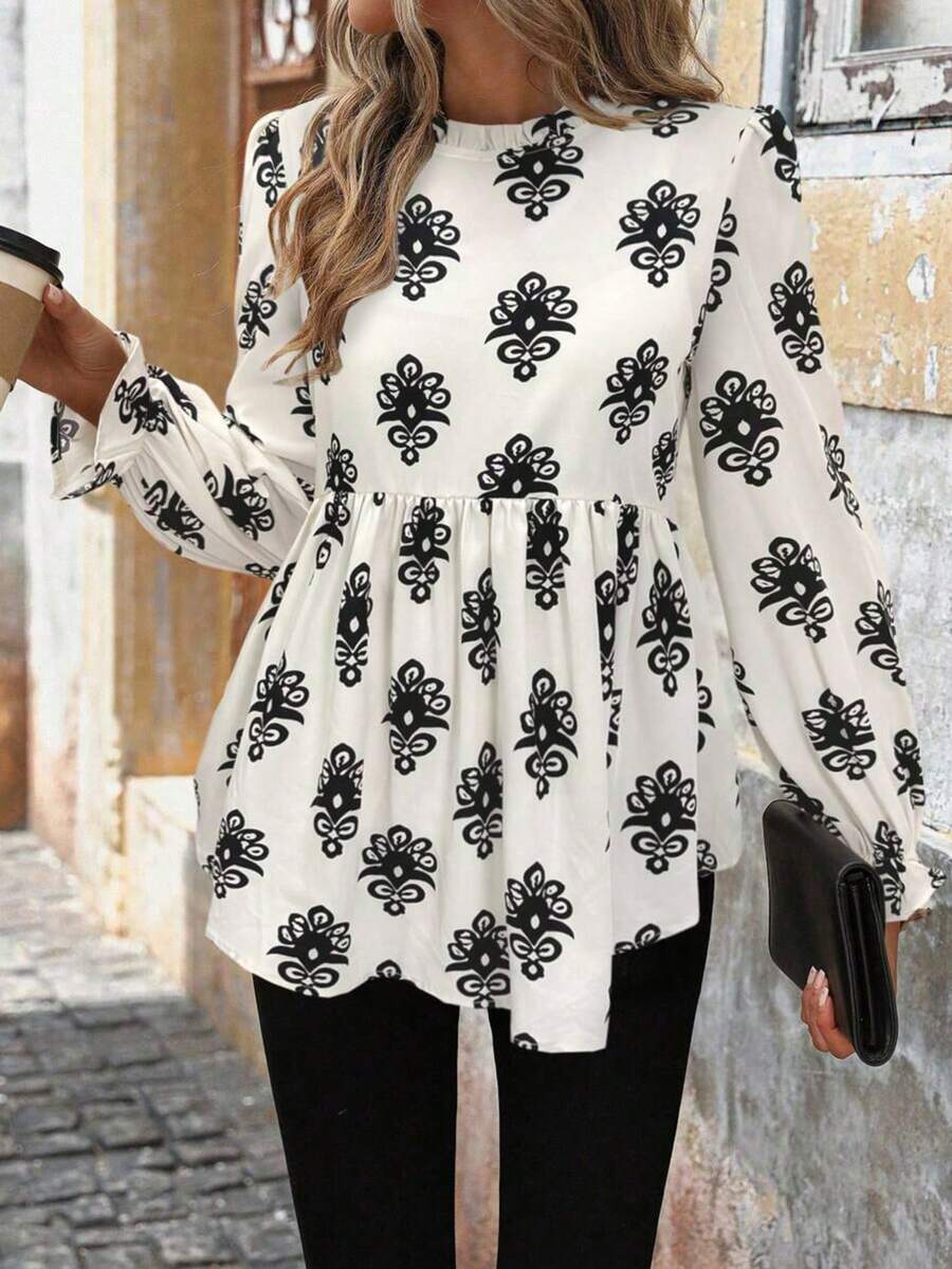 Women's Elegant Ruffle Hem Blouse With Floral Print