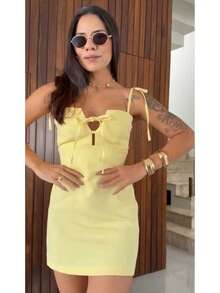 STARFASHIION Jumpsuit Tank Top Thin Straps With Tie Candy Color Delicate Modern /FASHION/SUMMER - 黃色 - 查看 1