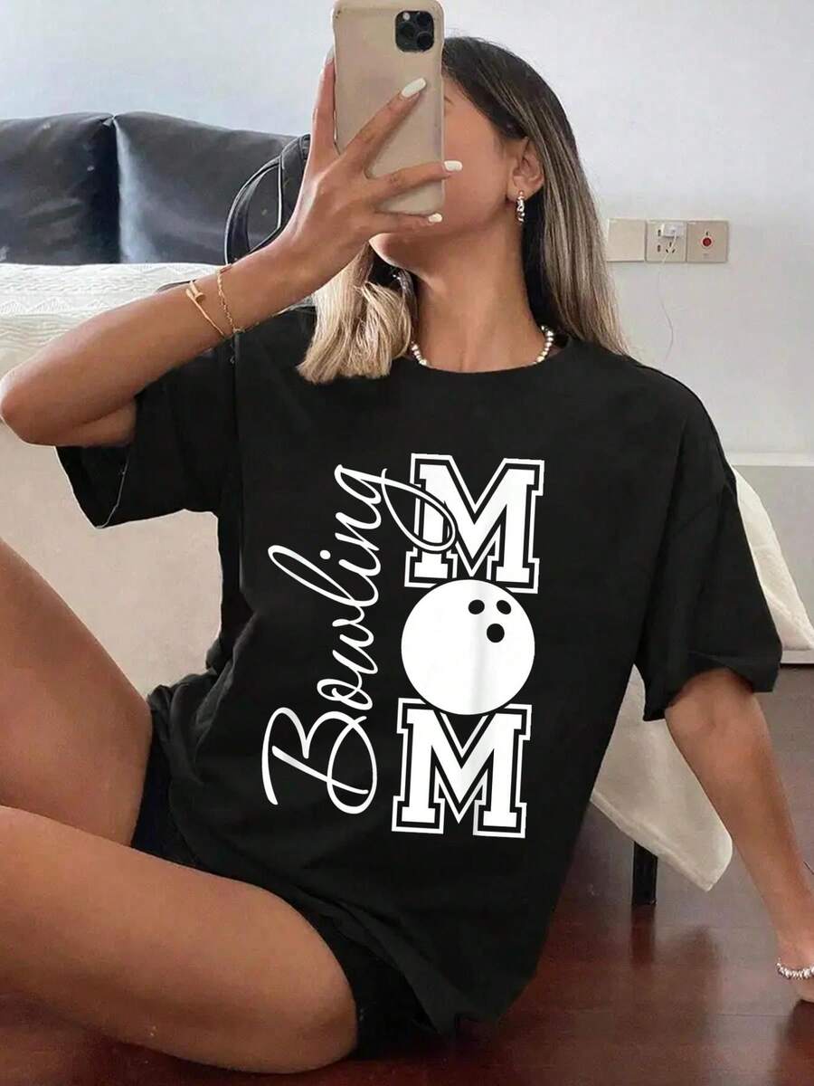 100% Cotton Womens Graphic T-Shirt Bowling Mom Mother's Day Birthday Party For Women's Players T-Shirt - 黑色 - 查看 1