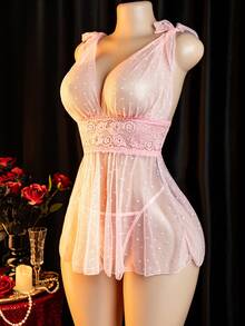 性感粉色透视内衣两件套，含波尔卡圆点网眼娃娃装和丁字裤 - 粉色 - 查看 3