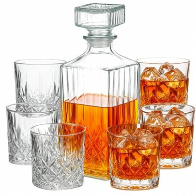 7 Piece Glassware Set, Crystal Glass Carafe With 6 Tumblers – Elegant Drinkware Set For Home, Parties