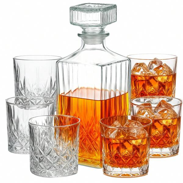 7 Piece Glassware Set, Crystal Glass Carafe With 6 Tumblers – Elegant Drinkware Set For Home, Parties