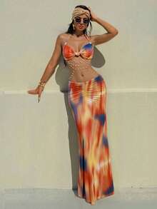 Women's Two Piece Maxi Skirt Sets Summer Beach Sexy Ruched Backless Pearls Chain Decor Crop Top And Cut Out Skirt - 橘色 - 查看 1