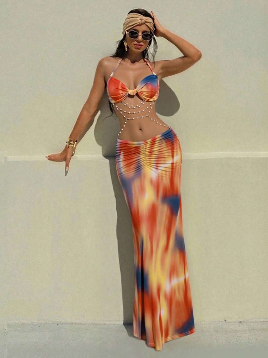 Women's Two Piece Maxi Skirt Sets Summer Beach Sexy Ruched Backless Pearls Chain Decor Crop Top And Cut Out Skirt - 橘色 - 查看 1