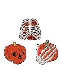 3Pcs Pumpkin Skeleton Enamel Pins Halloween Spooky Season Skeleton Hand Brooches Lapel Badge Fashion Jewelry Gifts For Friends
