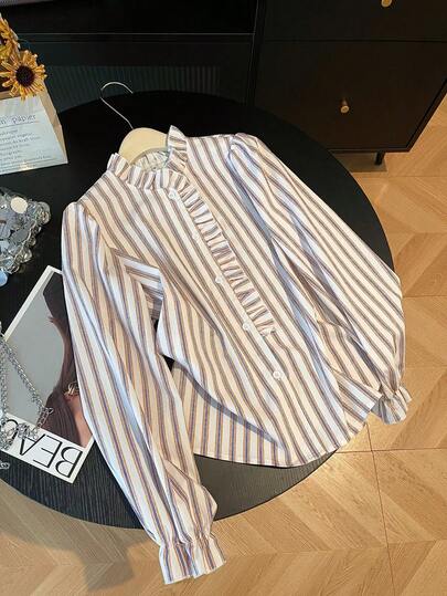 Blusa holgada de manga larga con botones y cuello de volantes a rayas blancas para mujer, elegante para ir al trabajo y salidas, primavera/verano