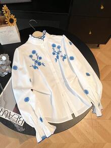 Perceive Floral Print Frill Collar Long Sleeve Women Shirt, Business Casual Wear For Autumn/Winter - White - View 5