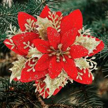 24 Christmas Red Gold Artificial Christmas Flowers Sparkling Christmas Decorations Christmas Tree Flowers With Poles And Clips For Flower Garlands Christmas Trees New Year Party Decorations Wedding, Christmas, Party, Holiday, Wedding, Scene Decoration