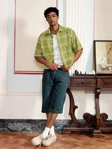 Chemise courte à manches courtes tissée à carreaux pour hommes, idéale pour l'été, élément essentiel du streetwear - Vert - Voir 1