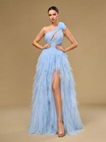 Váy dài bằng vải lưới maxi cổ lệch không tay thanh lịch, có chi tiết viền xếp nếp xẻ tà, thích hợp mặc dự tiệc quyến rũ cho nữ - Màu xanh nhạt - Xem 3